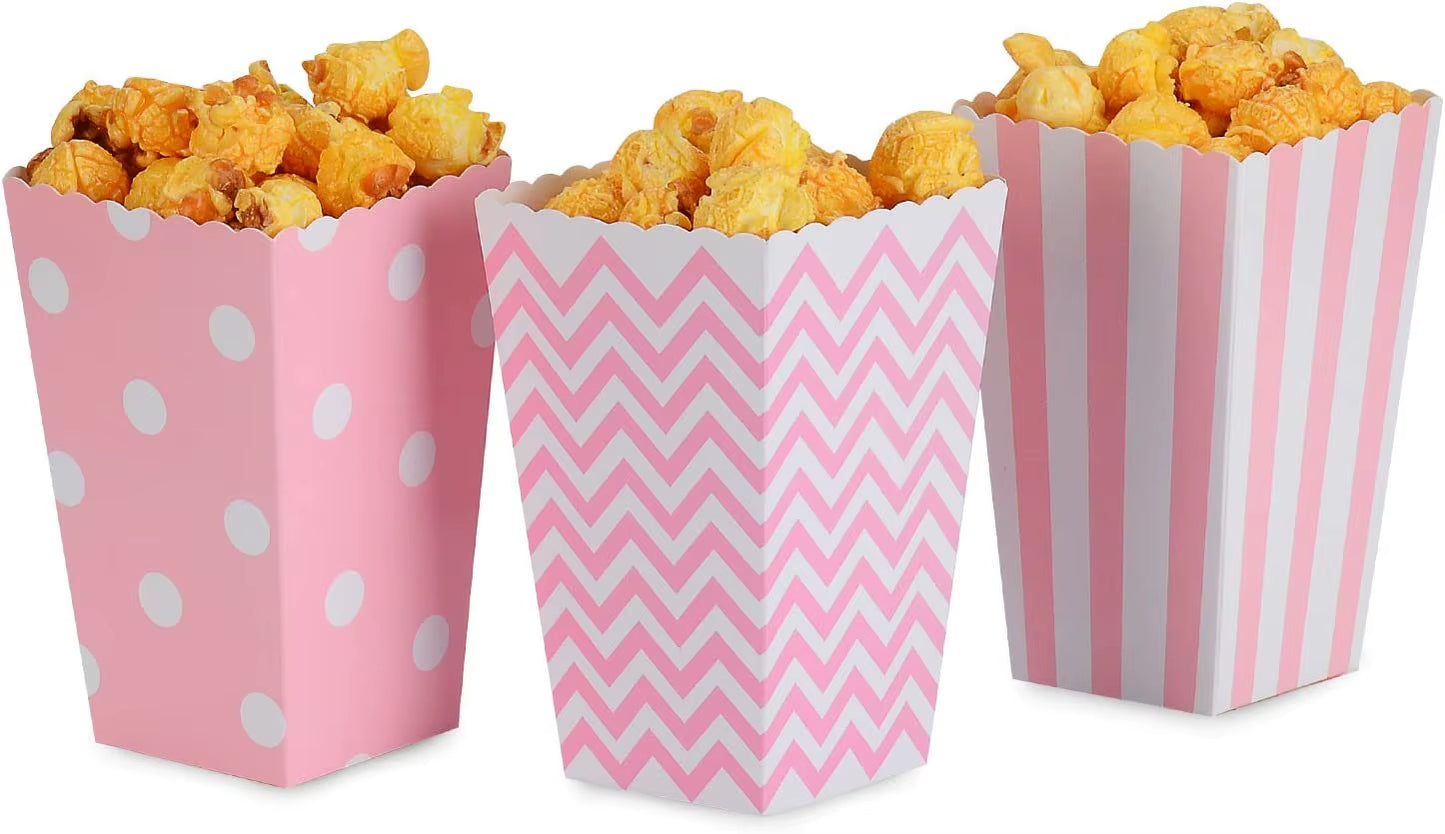 6/12/18 Pcs Mixed Pink Stripe Wave Dot Paper Popcorn Boxes Bag Birthday Pop Corn Candy Sanck Favor Bags Movie Party Tableware