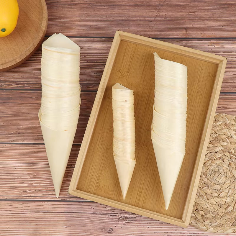 50Pcs Disposable Wood Appetizer Cones Biodegradable Cone Veneer Roll Disposable Ice Cream Cone Packaging Container Candy Cup