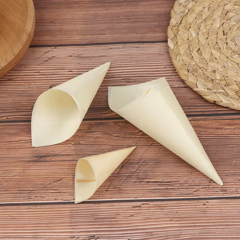 50Pcs Disposable Wood Appetizer Cones Biodegradable Cone Veneer Roll Disposable Ice Cream Cone Packaging Container Candy Cup