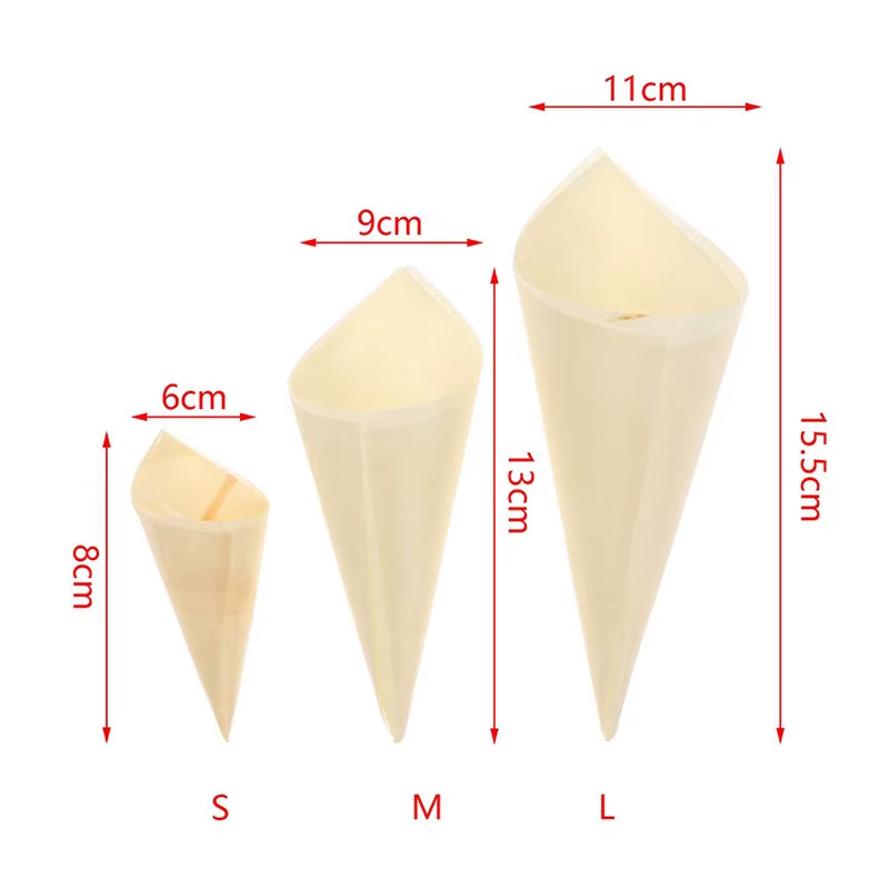 50Pcs Disposable Wood Appetizer Cones Biodegradable Cone Veneer Roll Disposable Ice Cream Cone Packaging Container Candy Cup